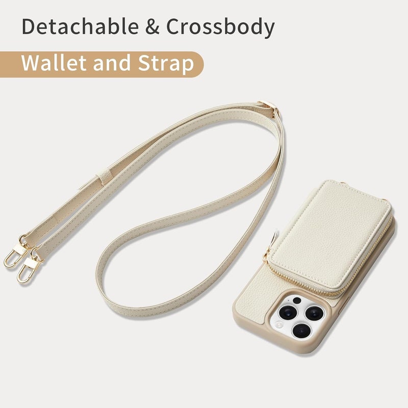 ZVE for iPhone 15 Pro Wallet Case with Card Holder, Phone Cover for Women, Zipper Leather RFID Blocking Purse with Wrist Crossbody Strap for iPhone 15 Pro (6.1 inch)- Beige - Image 5